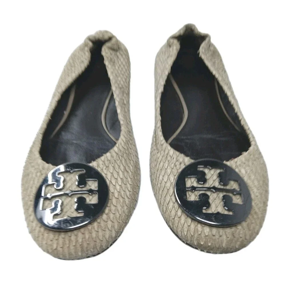 Tory Burch Reva Flats Shoes Women's Size 6.5 Gray Distress Leather Python Print